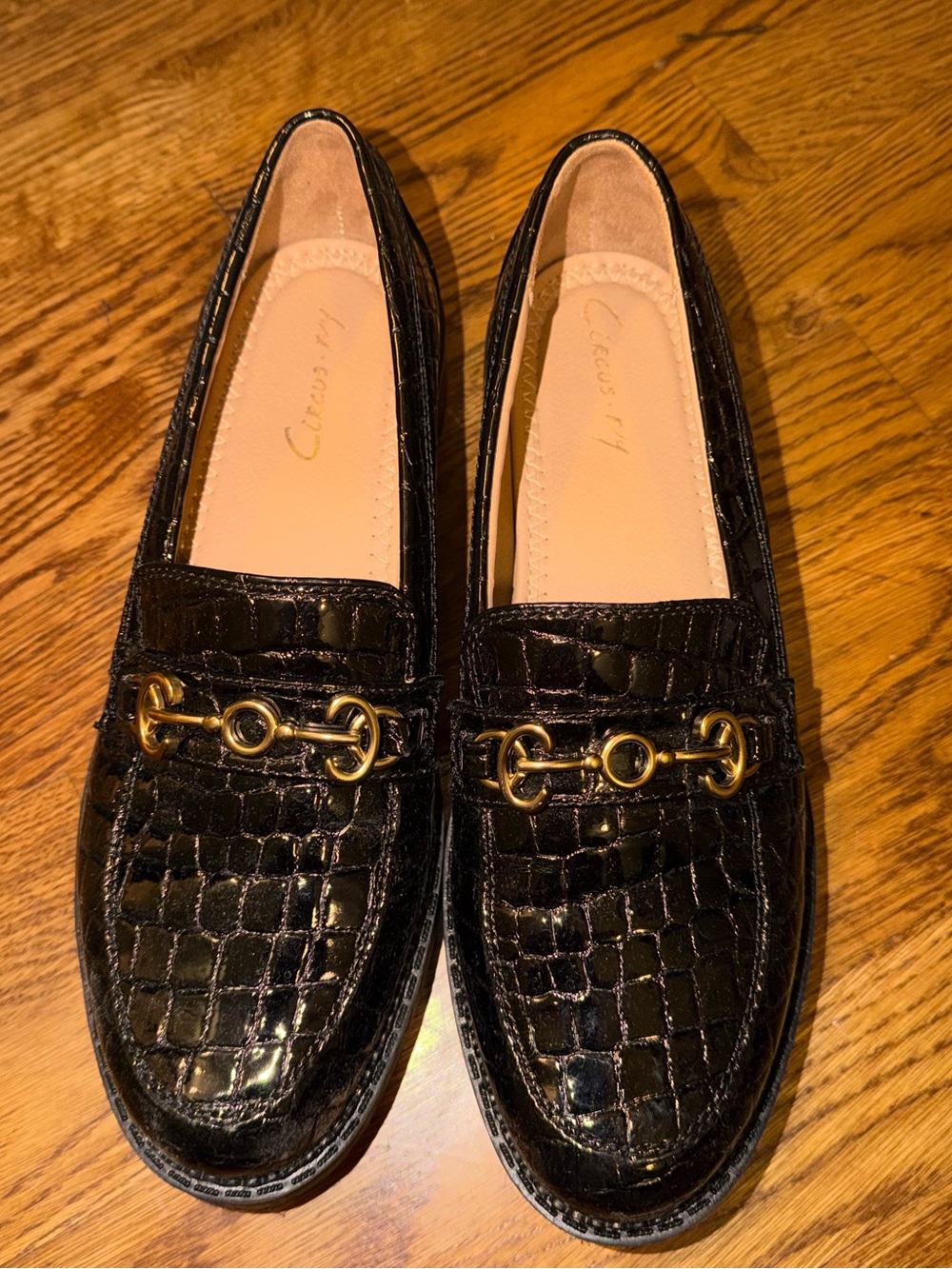 Circus by Sam Edelman Black Croc-Embossed Loafers with Gold Bit Detail